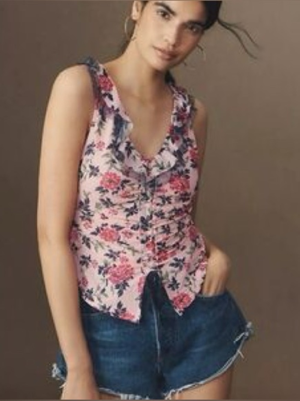 NWT Anthropologie Maeve Floral Ruched Mesh Tank Top Size Large